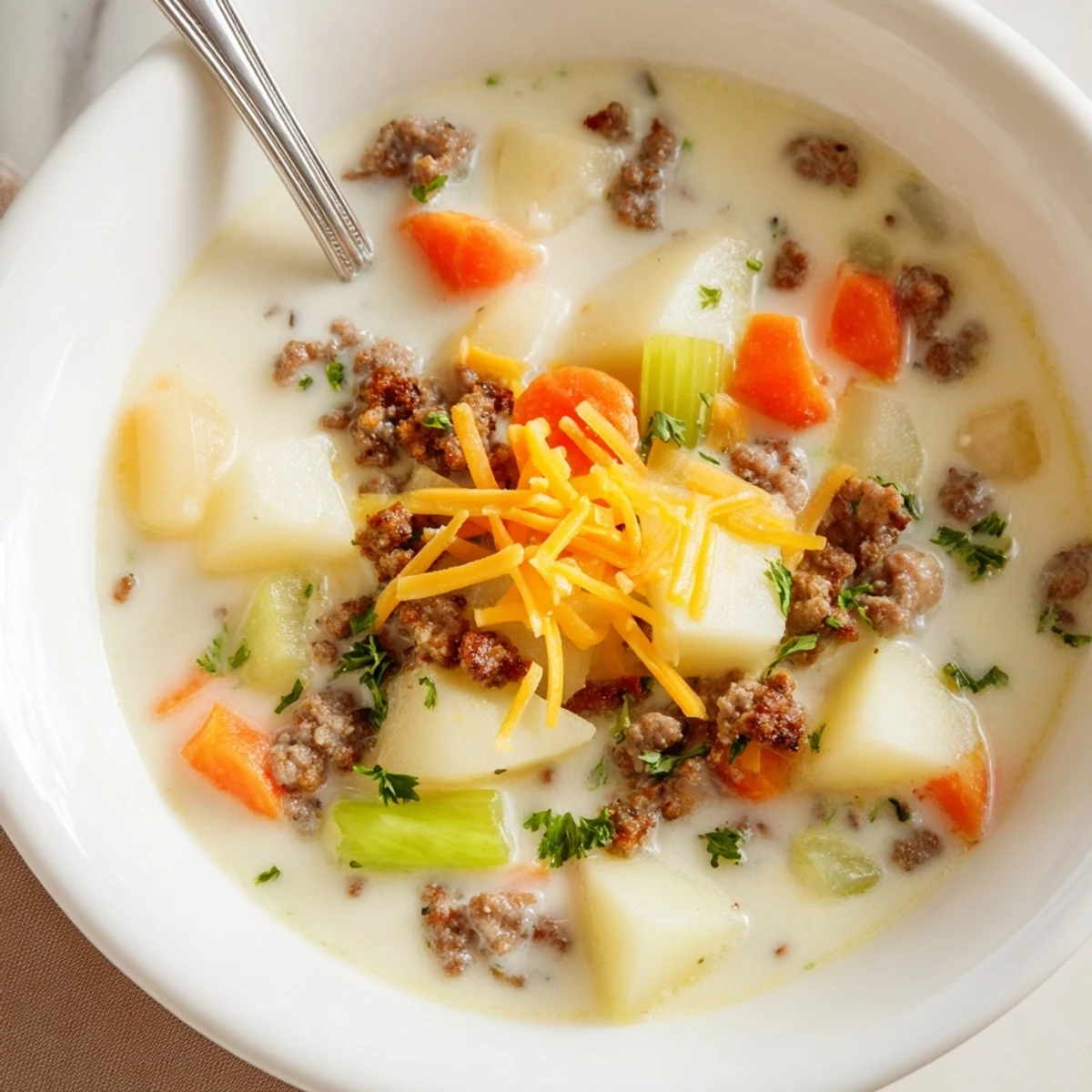 Creamy pork sausage potato soup garnished with fresh parsley and grated cheddar cheese in a white bowl