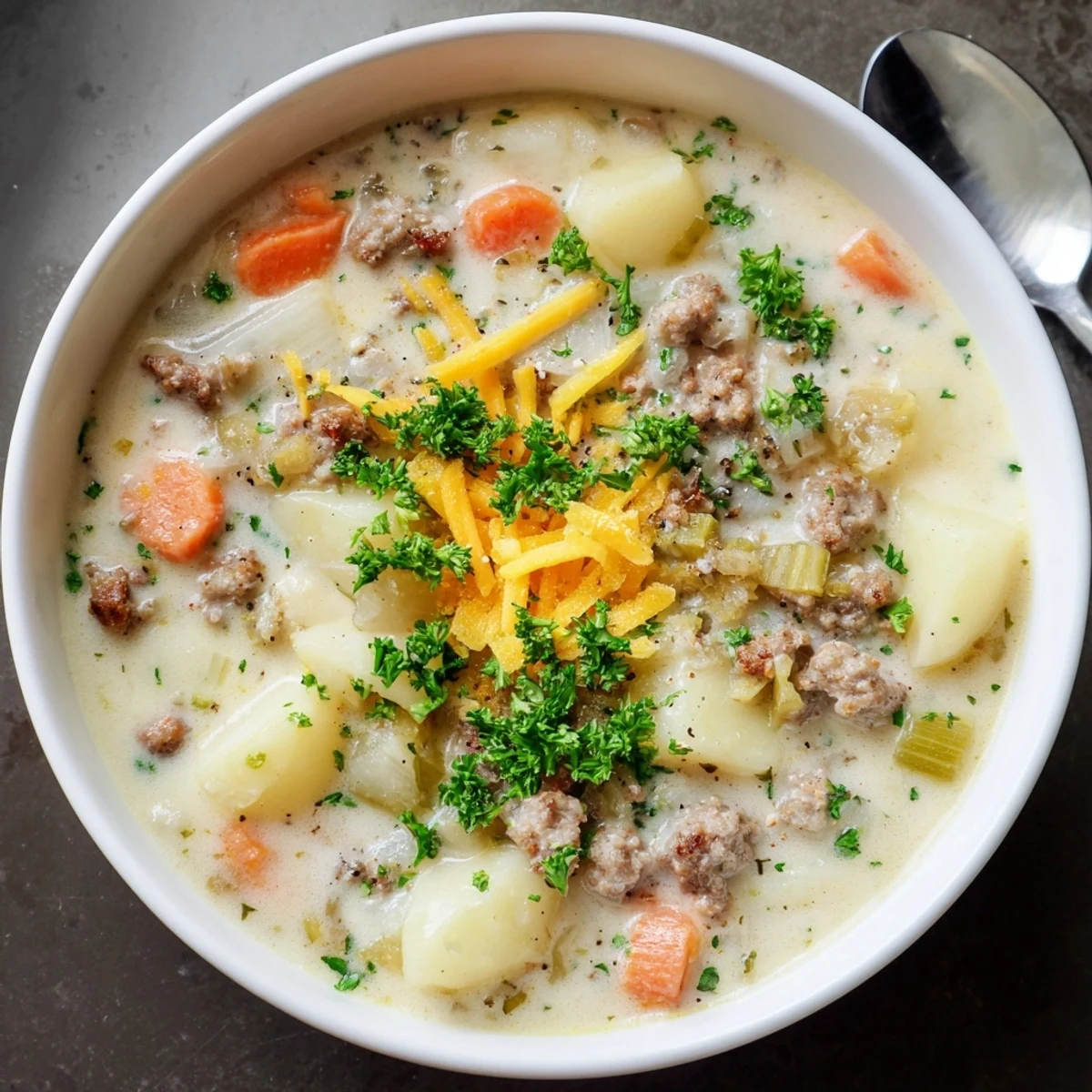 Hearty simple pork sausage potato soup featuring tender chunks of potato and savory browned sausage