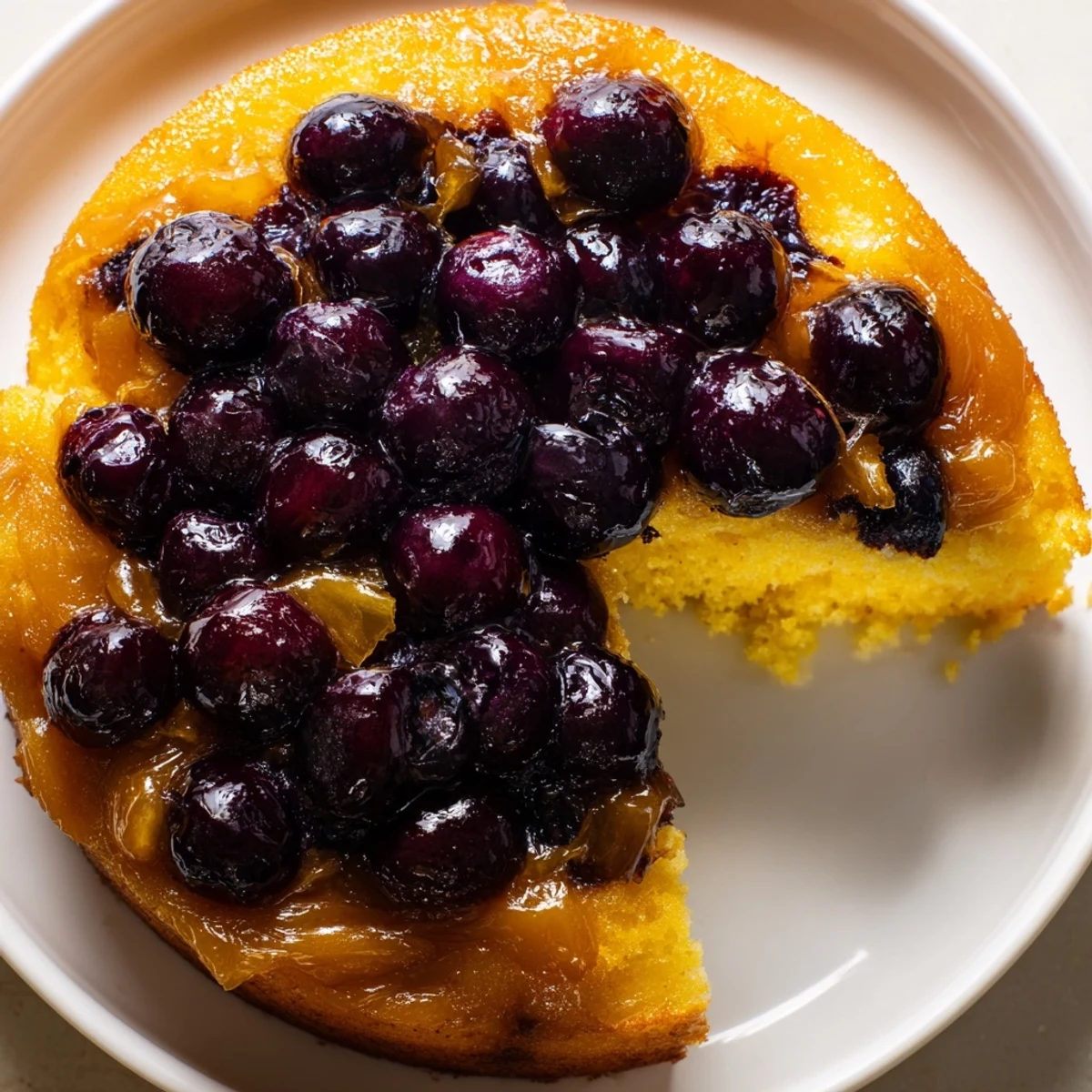 Golden blueberry upside down cake with caramelized fruit topping on a white serving plate