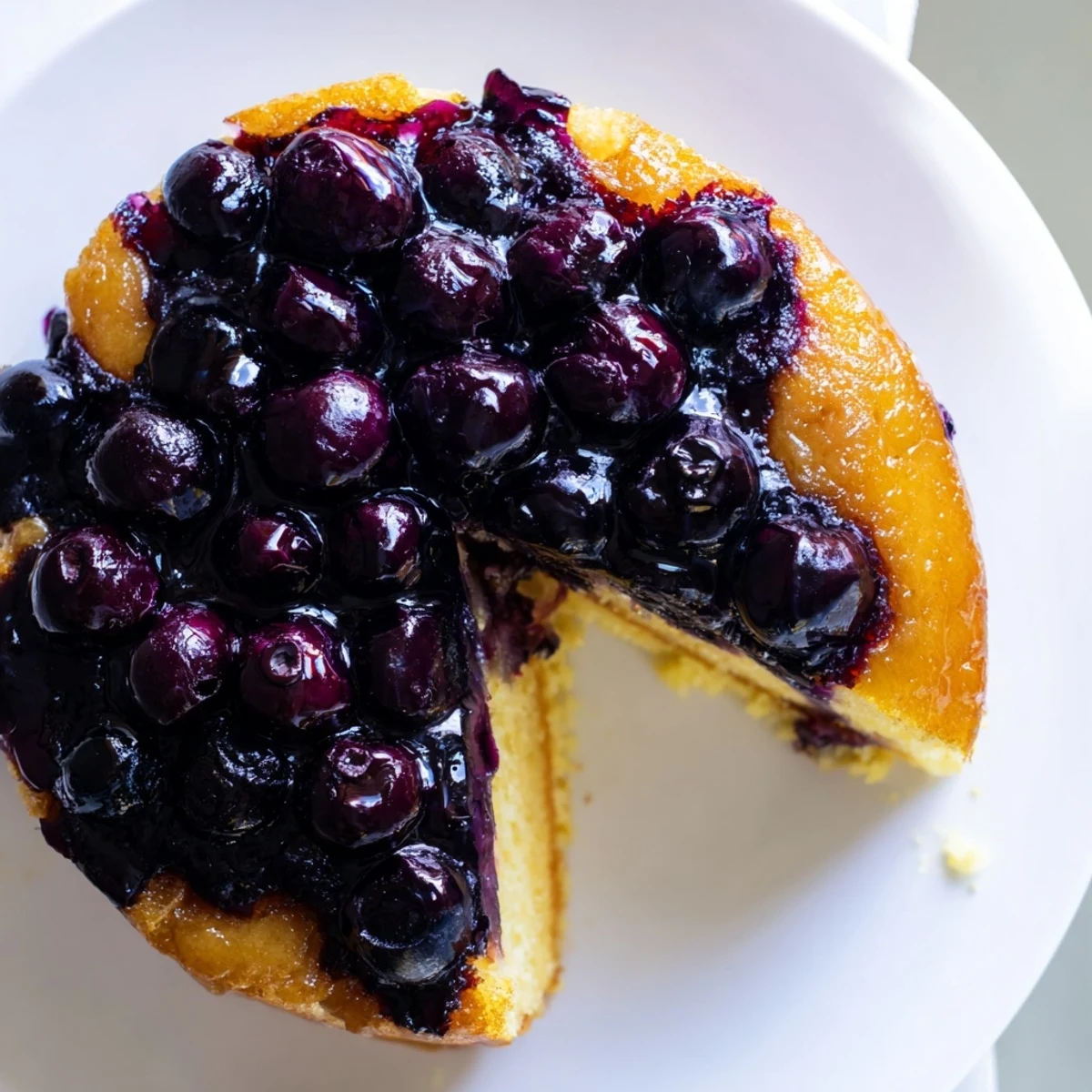 Fresh baked blueberry upside down cake inverted onto a plate with glistening caramelized berry layer