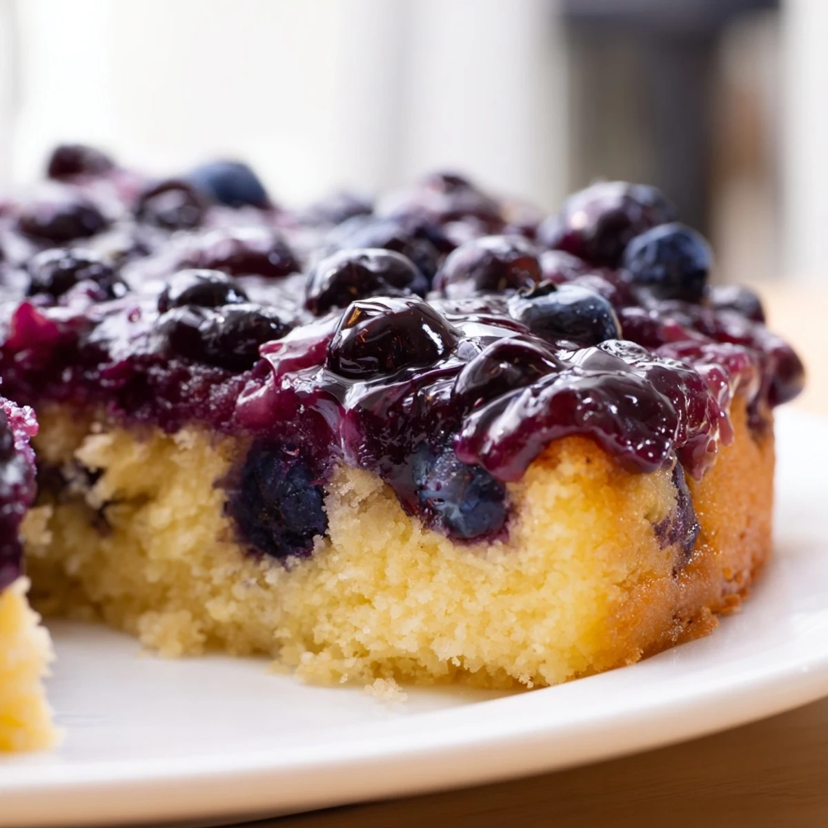 Moist blueberry upside down cake sliced to reveal juicy purple berries and tender vanilla crumb