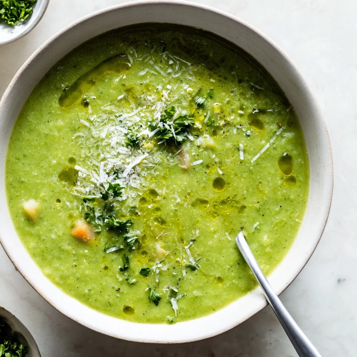 Steamy bowl of homemade Italian broccoli soup featuring smooth pureed texture and Parmesan cheese topping