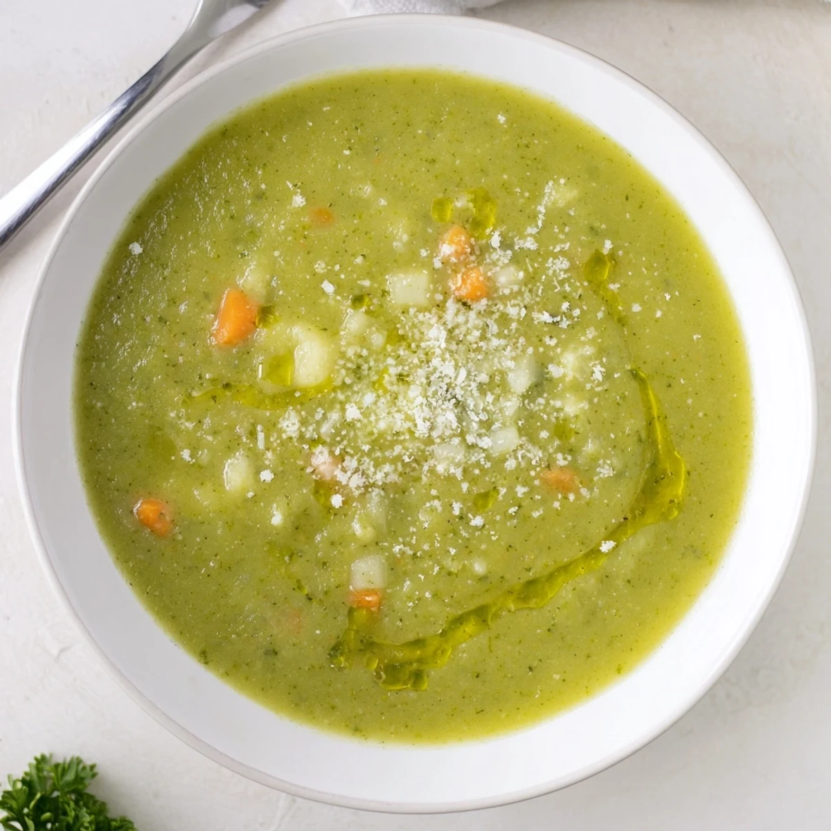 Velvety green homemade Italian broccoli soup drizzled with olive oil and served with crusty bread