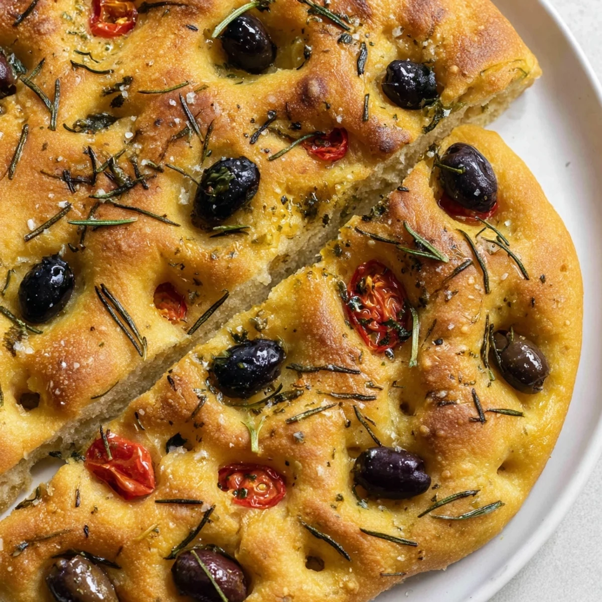 Warm Italian mini focaccia sprinkled with rosemary salt and black olives