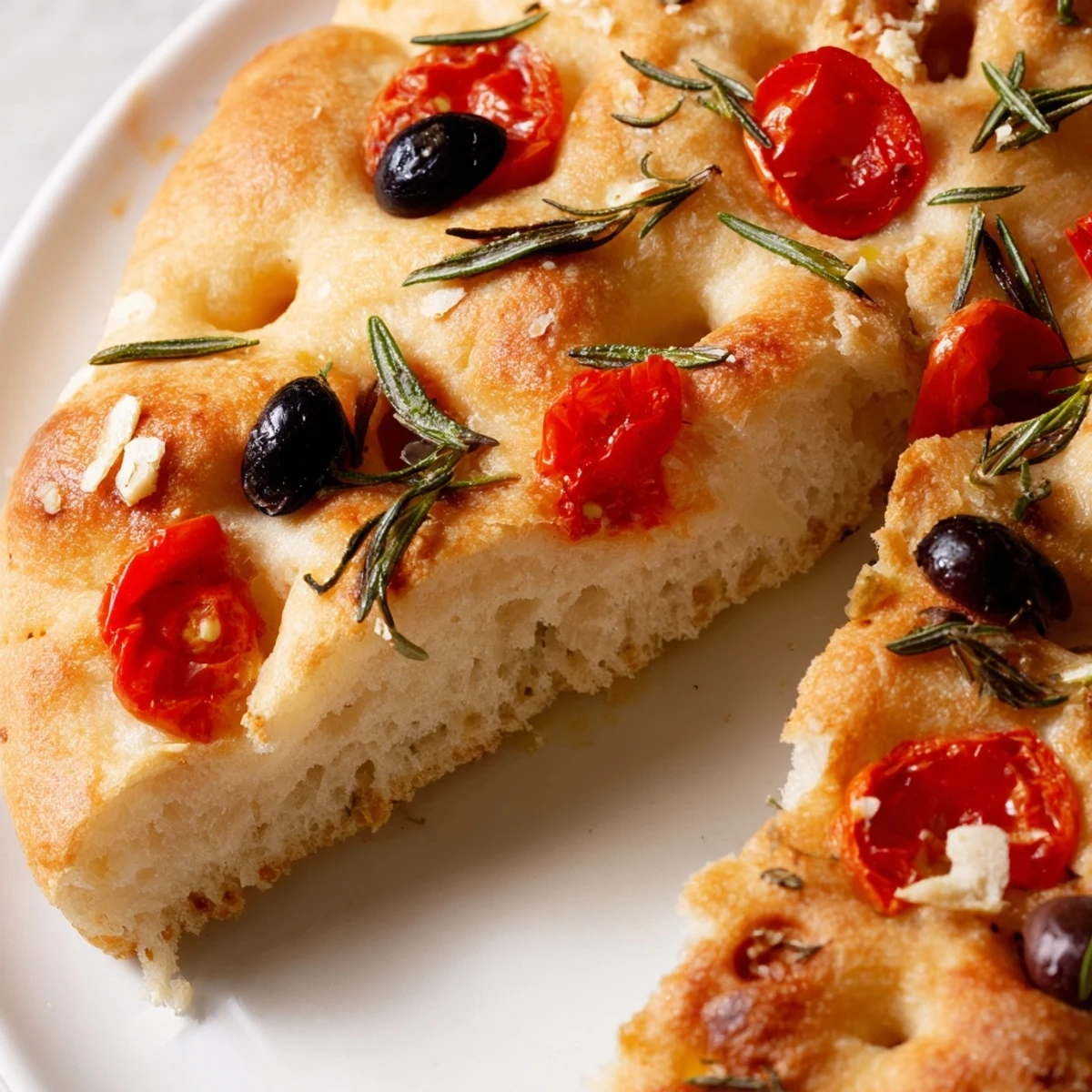 Oven-baked individual focaccia breads with dimpled crust and cherry tomato garnish