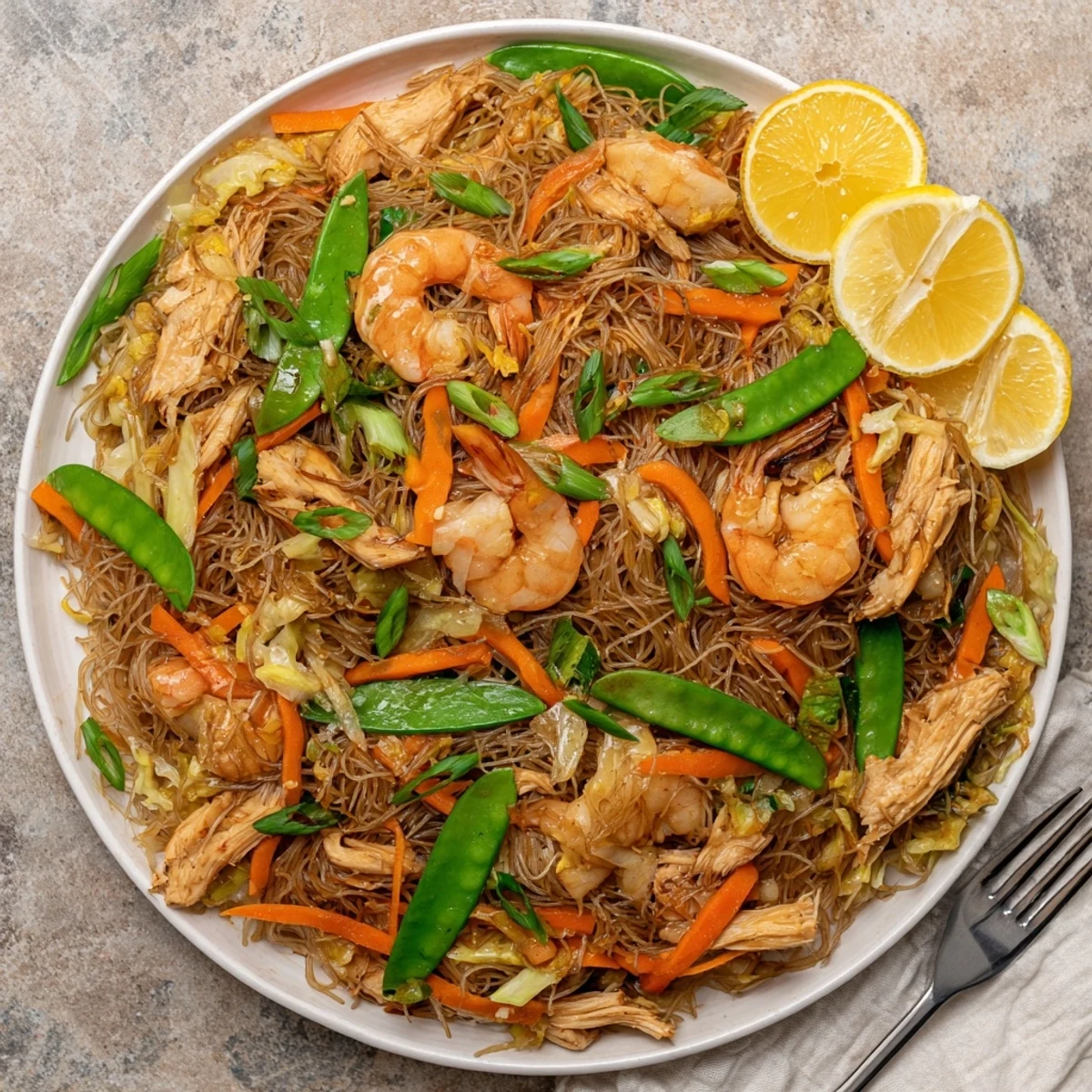 Golden rice noodles in Traditional Pancit Bihon stir-fried with savory soy sauce and fresh julienned carrots