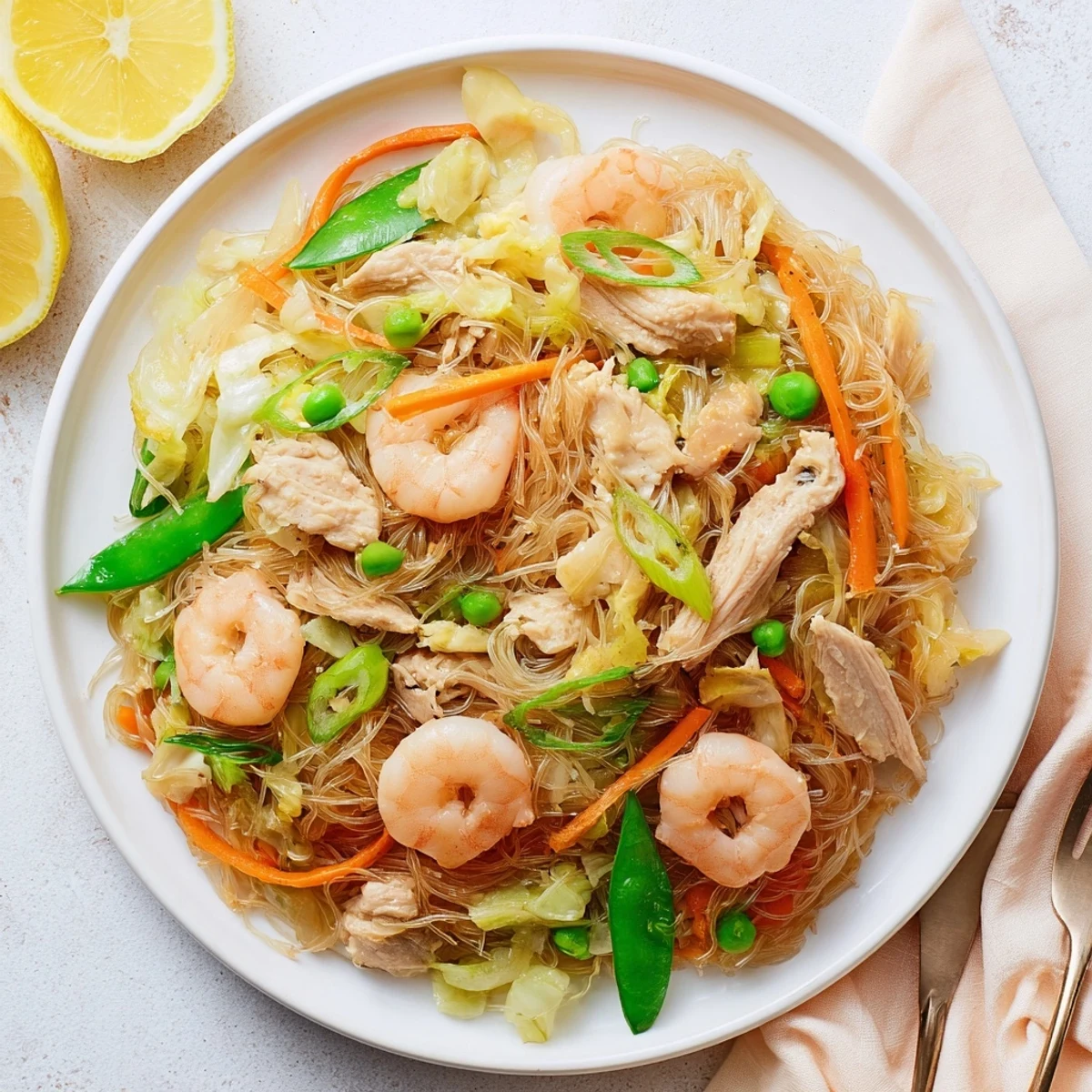 Hearty platter of Traditional Pancit Bihon garnished with chopped scallions and served with citrus wedges