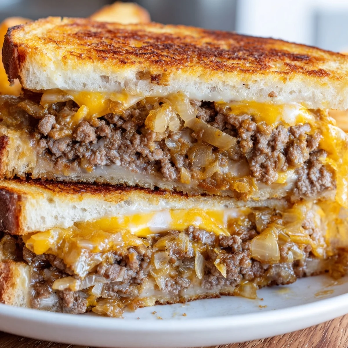 Golden toasted ultimate cheesy ground beef melt sandwich oozing melted cheddar and mozzarella cheese