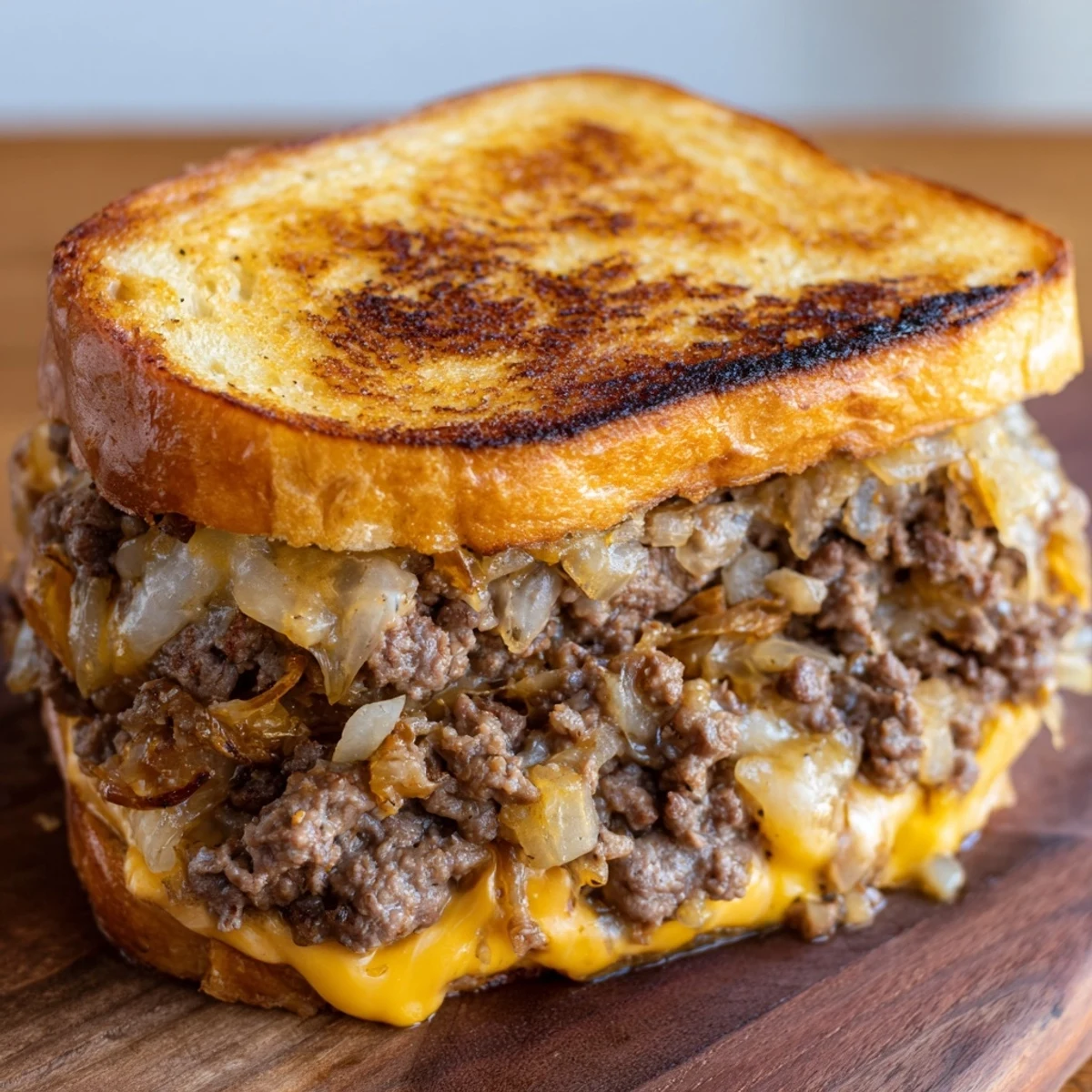 Sliced ultimate cheesy ground beef melt revealing seasoned beef and sautéed onions inside