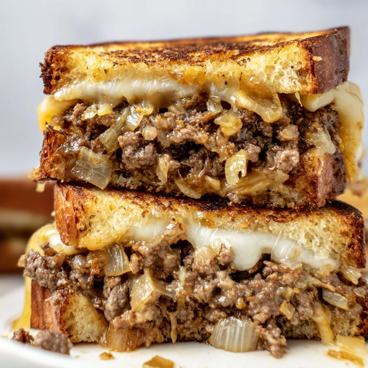 Savory ultimate cheesy ground beef melt grilled on thick-cut bread with gooey cheese layer