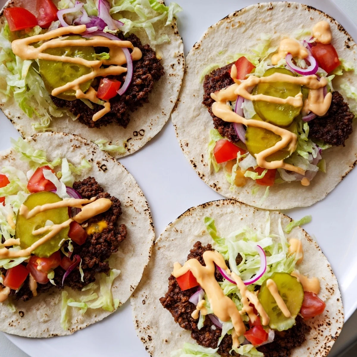 Juicy beef smash burger tacos wrapped in warm tortillas with zesty special sauce