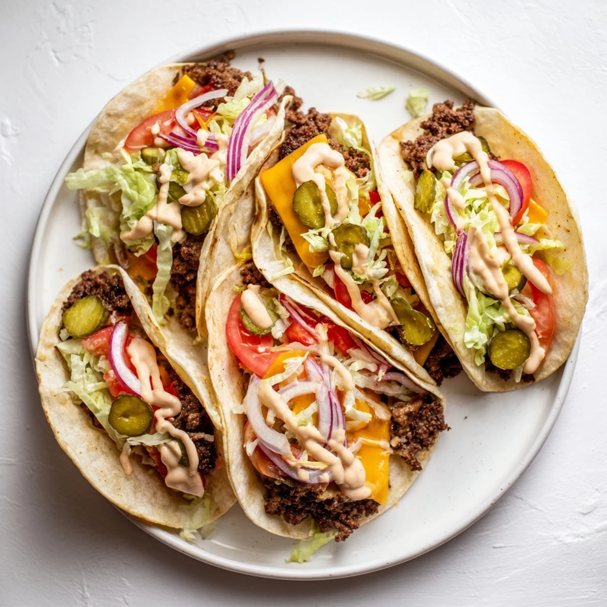Golden crispy smash burger tacos loaded with melted cheese and fresh vegetable toppings