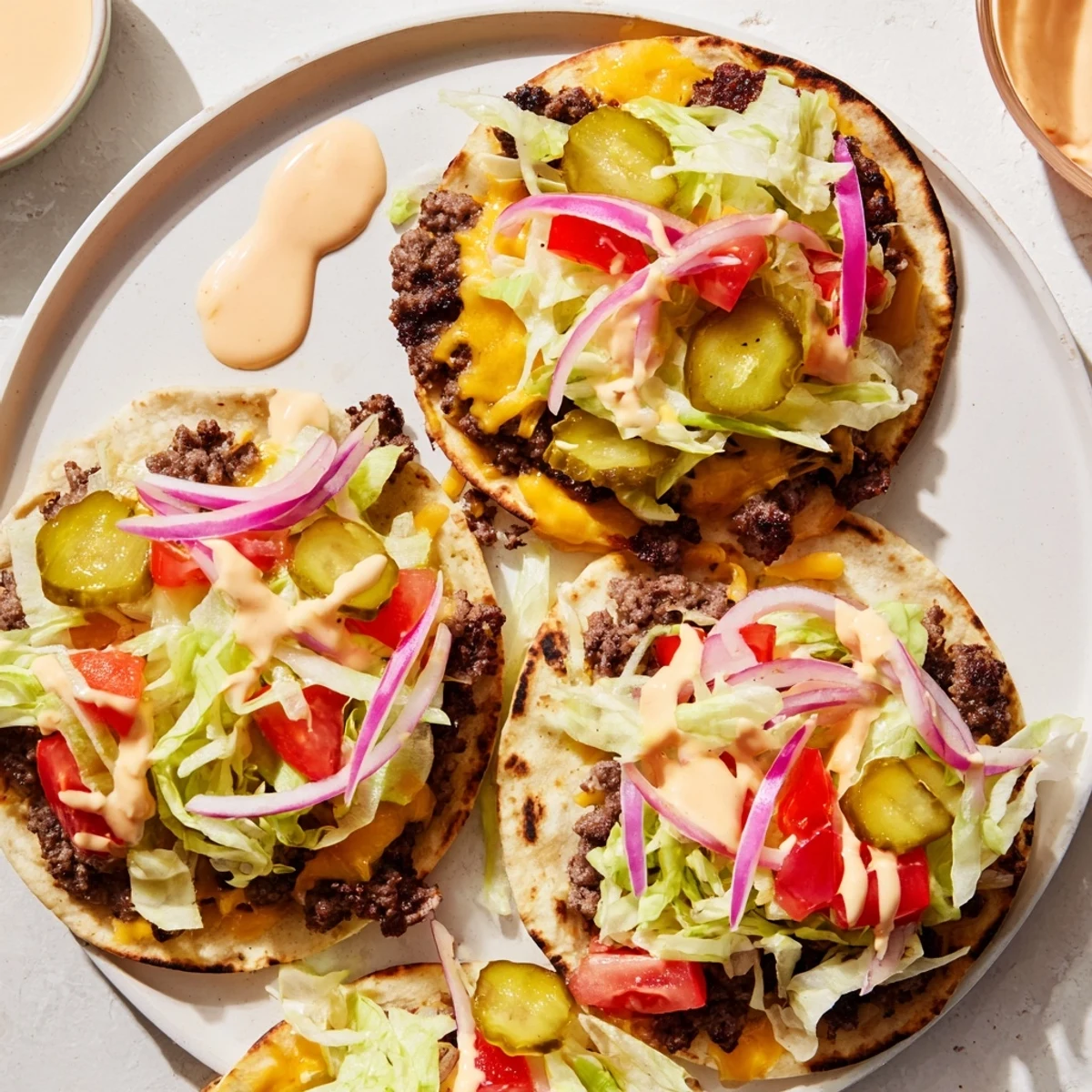 Handheld smash burger tacos featuring crispy edged beef patties topped with melted cheddar