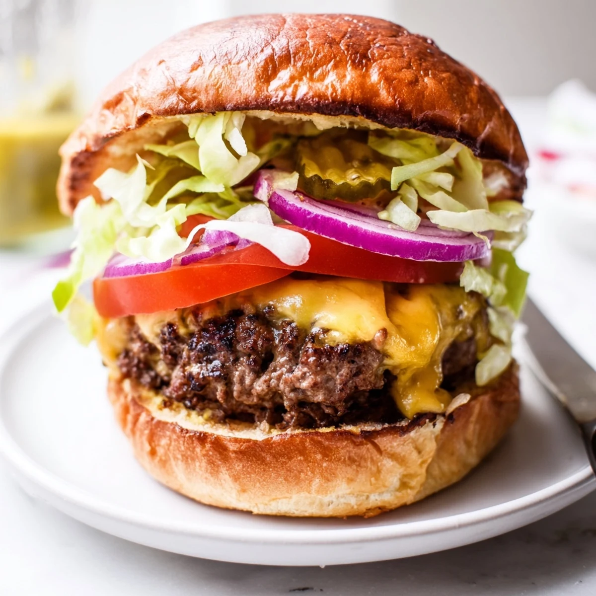 Golden crispy juicy smash burger with melted American cheese on toasted brioche bun