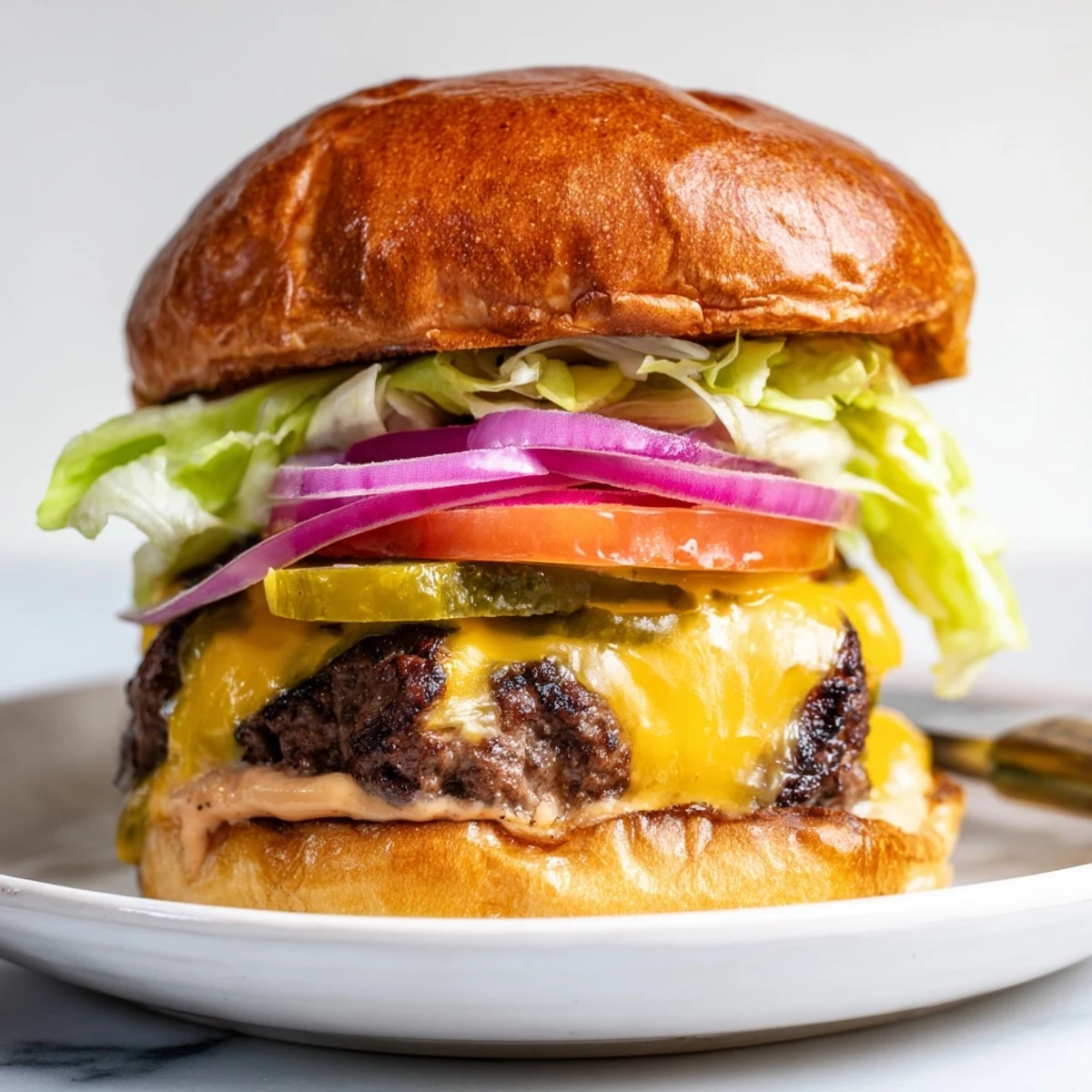 Mouthwatering double patty juicy smash burger with melted cheese and dill pickles