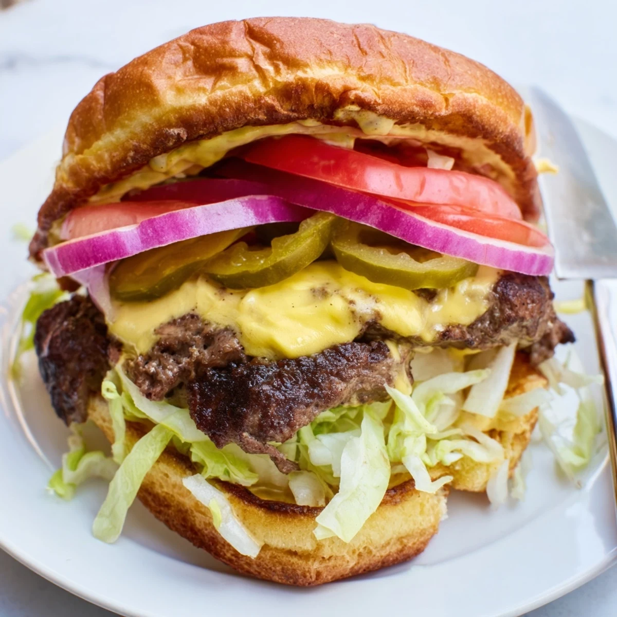 Classic American juicy smash burger topped with fresh lettuce tomato and crispy onions