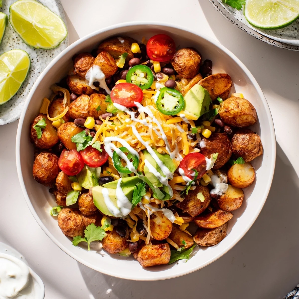 Golden crispy Loaded Fiesta Potato Bowls topped with melted cheddar, black beans, fresh avocado and zesty Tex-Mex toppings