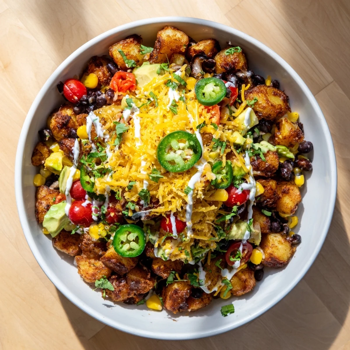 Colorful Loaded Fiesta Potato Bowls featuring roasted baby potatoes piled high with corn, tomatoes, cilantro and sour cream