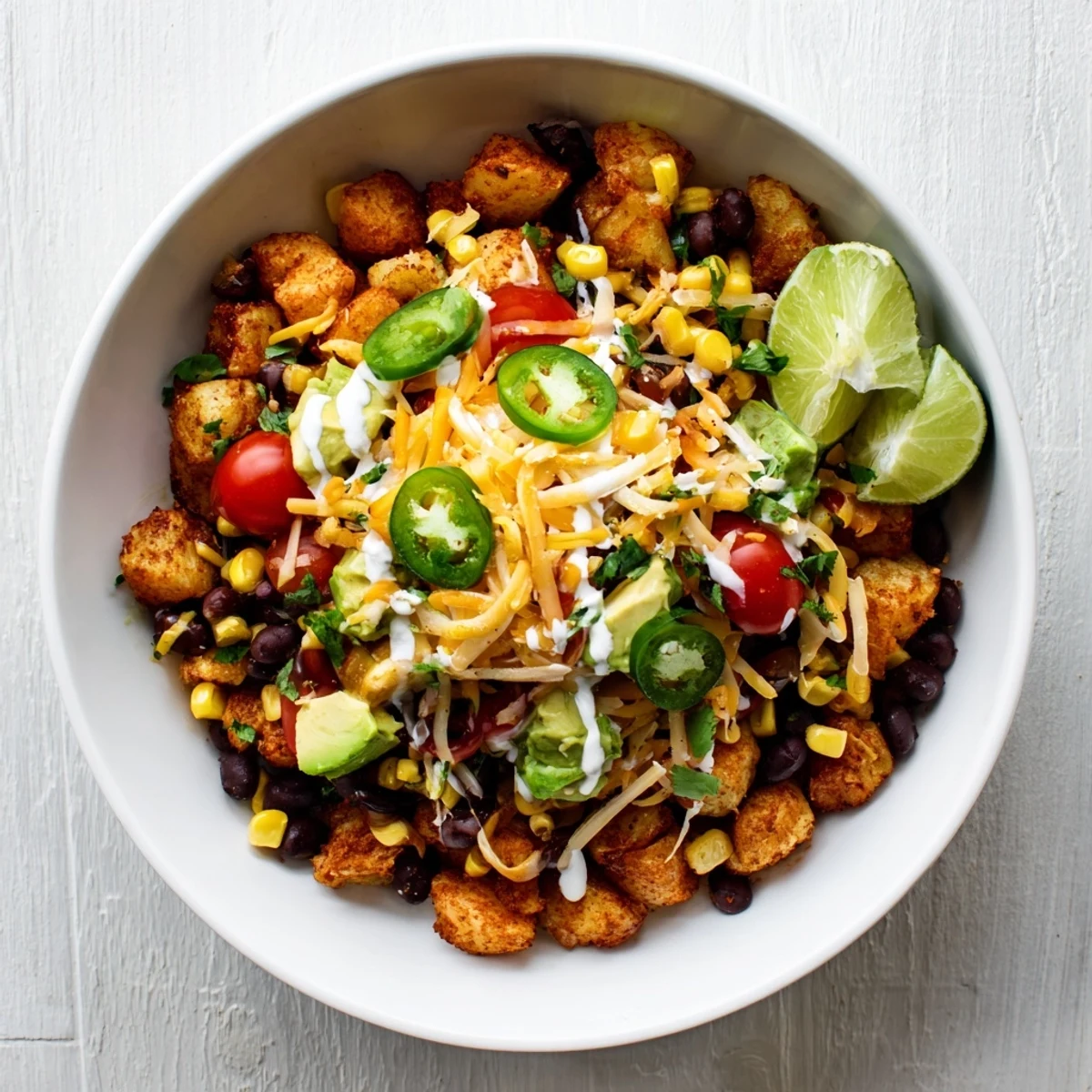 Hearty Loaded Fiesta Potato Bowls drizzled with creamy sauce and garnished with jalapeño slices, lime wedges and green onions