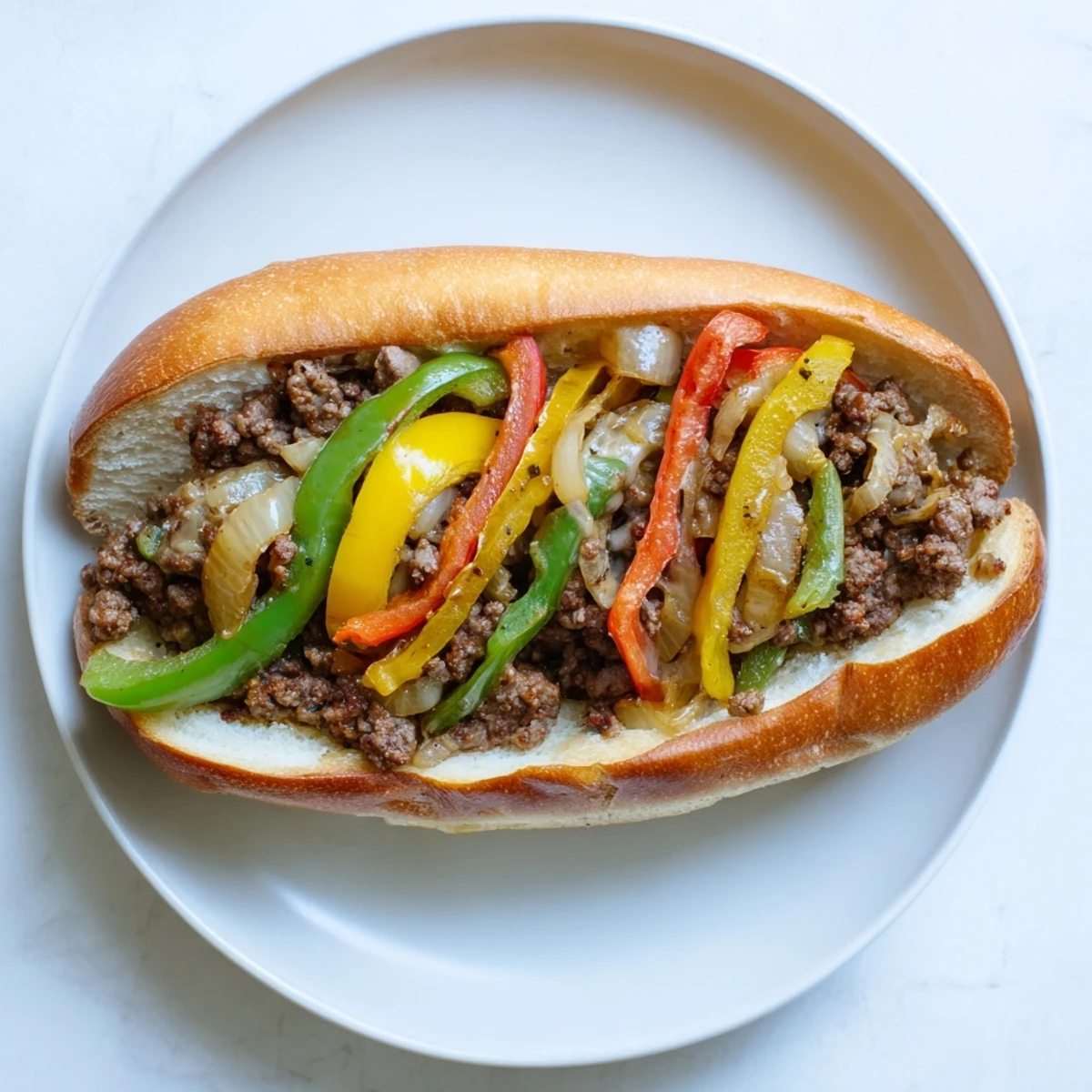 Savory ground beef Philly cheesesteaks piled high with caramelized onions peppers and gooey cheese on buttery toasted bread