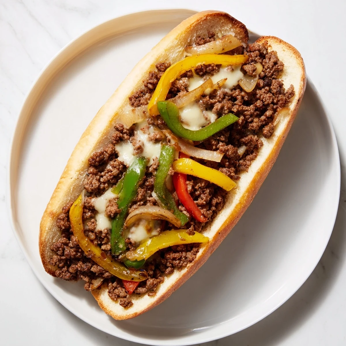 Golden brown ground beef Philly cheesesteaks sandwich with melted provolone and colorful peppers in toasted hoagie roll