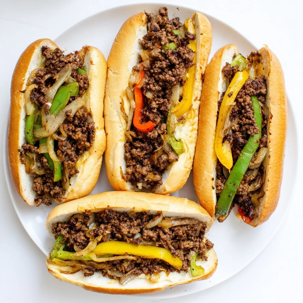 Delicious ground beef Philly cheesesteaks overflowing with sautéed vegetables and melted provolone on a crisp golden sub roll