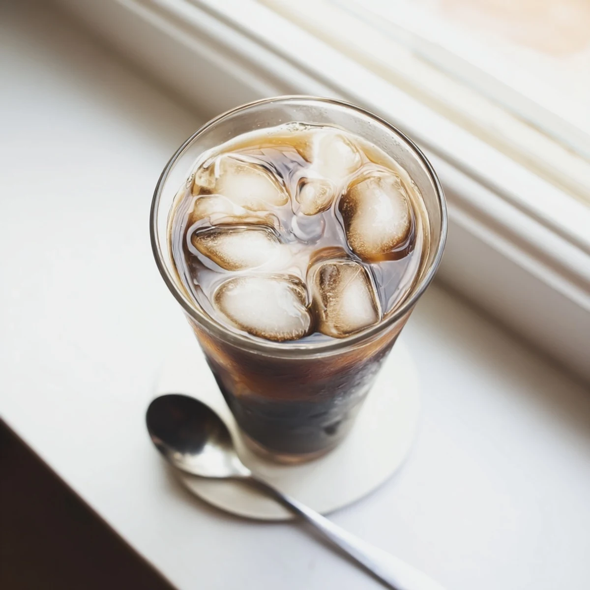 Glass of chilled iced coffee with ice cubes and splash of creamy milk
