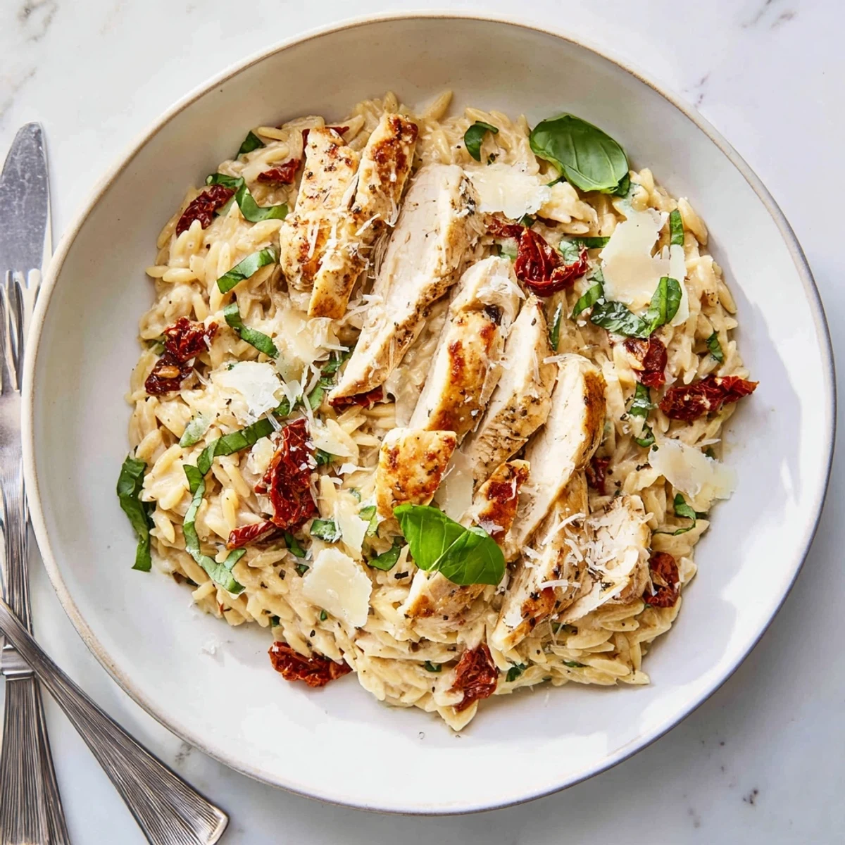 Creamy Marry Me Chicken Orzo with sun-dried tomatoes and fresh basil garnish in a white skillet