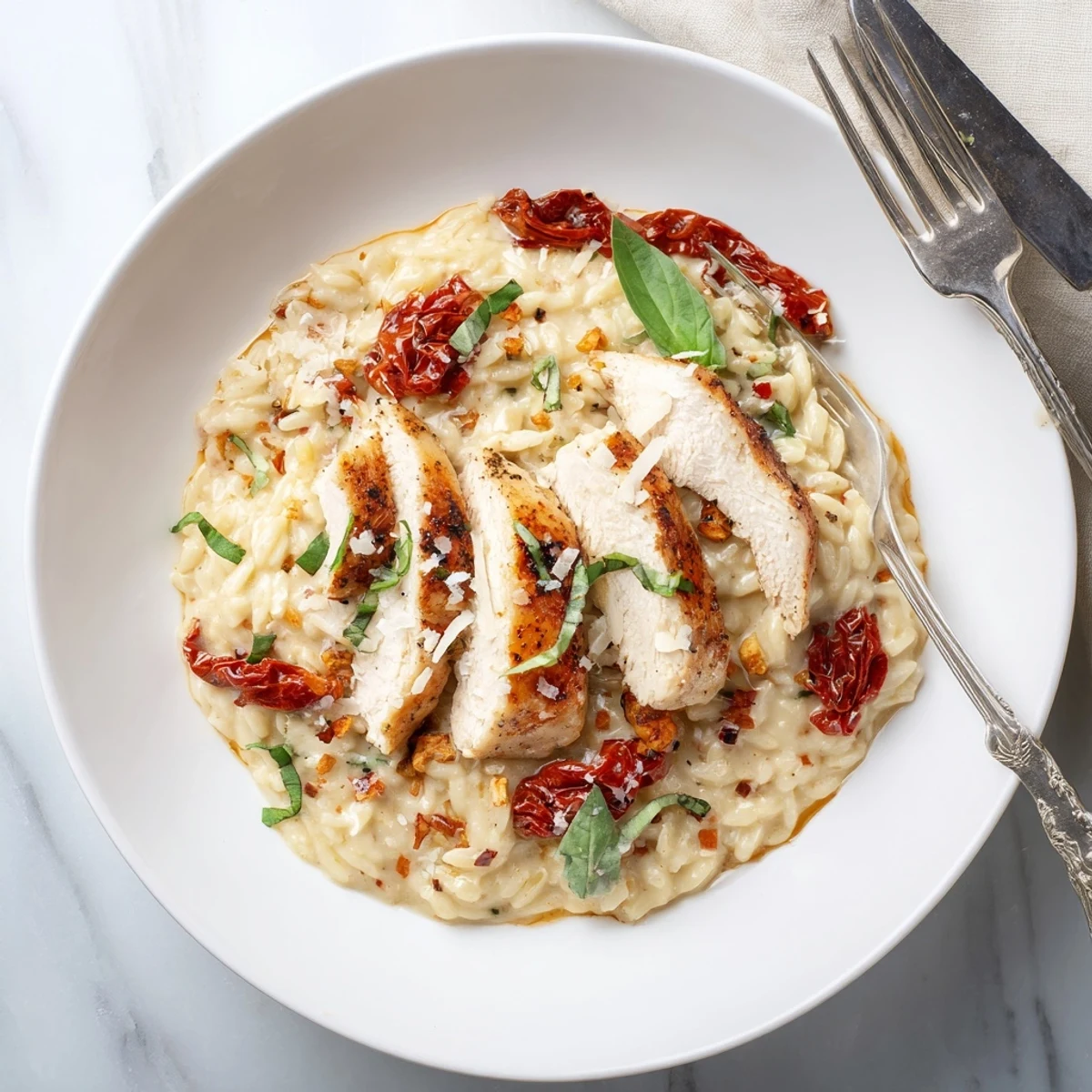 Romantic Marry Me Chicken Orzo dish featuring tender chicken breasts in a rich parmesan cream sauce