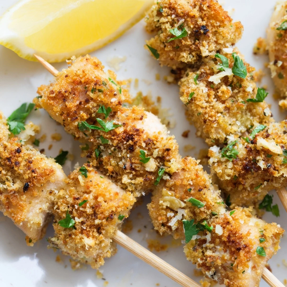 Golden Air Fryer Garlic Parmesan Chicken Skewers with crispy coating and fresh parsley garnish on white plate