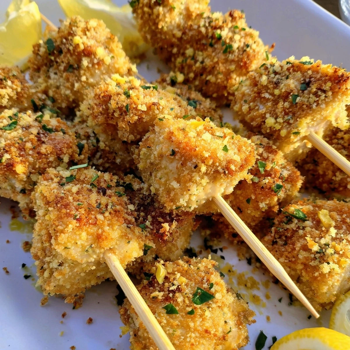 Tender Air Fryer Garlic Parmesan Chicken Skewers served with lemon wedges on rustic wooden board