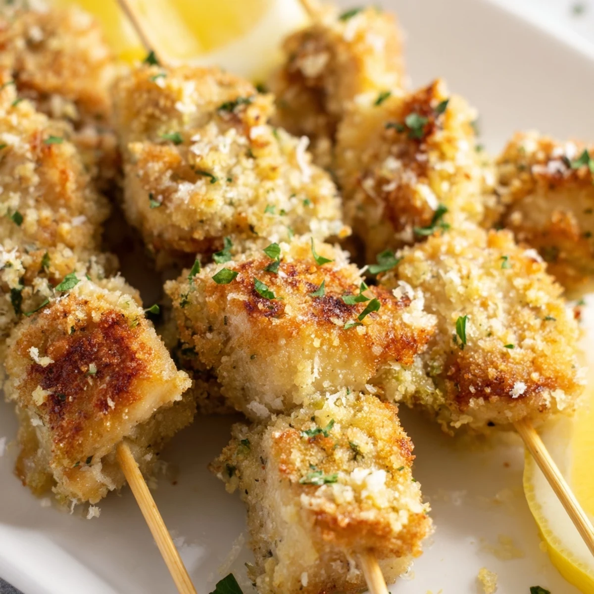 Juicy chicken skewers air fried to perfection with melted Parmesan and aromatic garlic breadcrumb crust