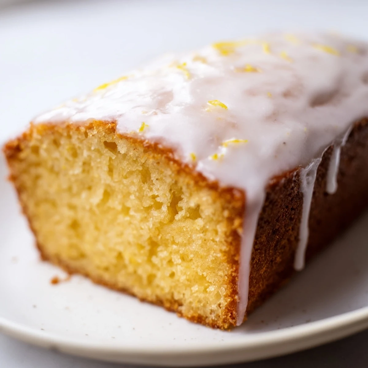 Golden bright lemon loaf cake drizzled with white citrus glaze on a white plate