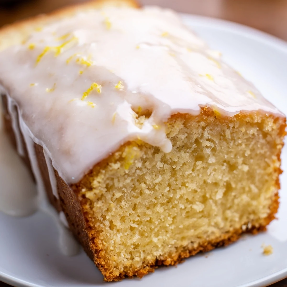 Moist zesty lemon loaf cake topped with tangy glaze on a rustic wooden board