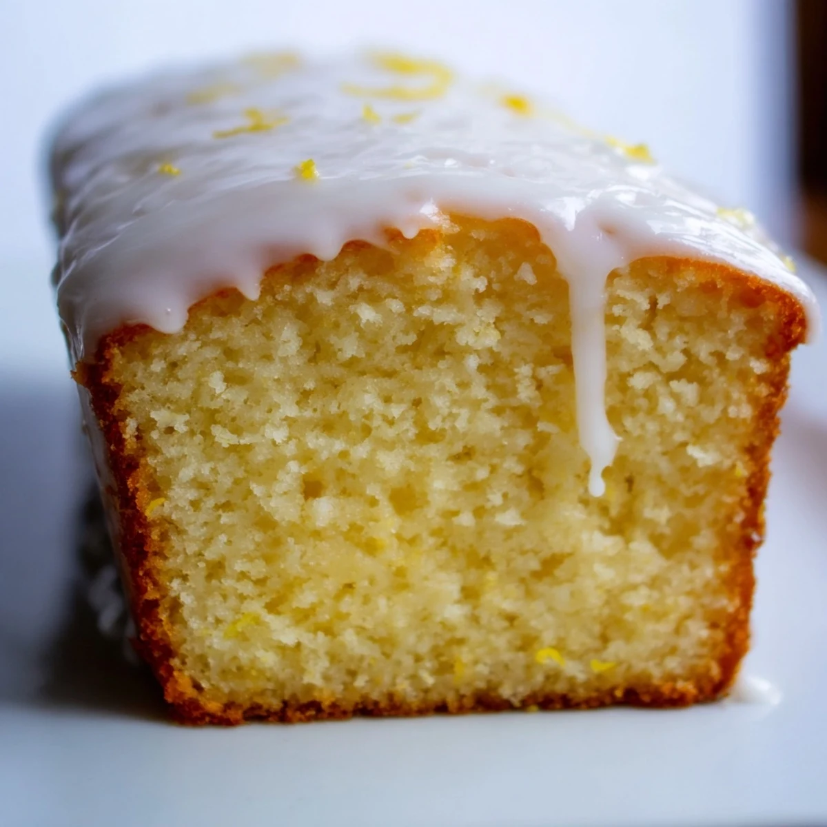 Sliced bright lemon loaf cake with sweet lemon glaze served on a cake stand