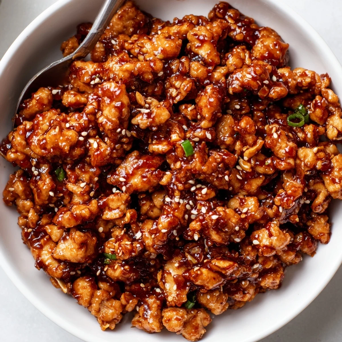 Savory ground chicken in fiery sweet chili sauce served with fresh cucumber, carrots, and creamy Sriracha drizzle