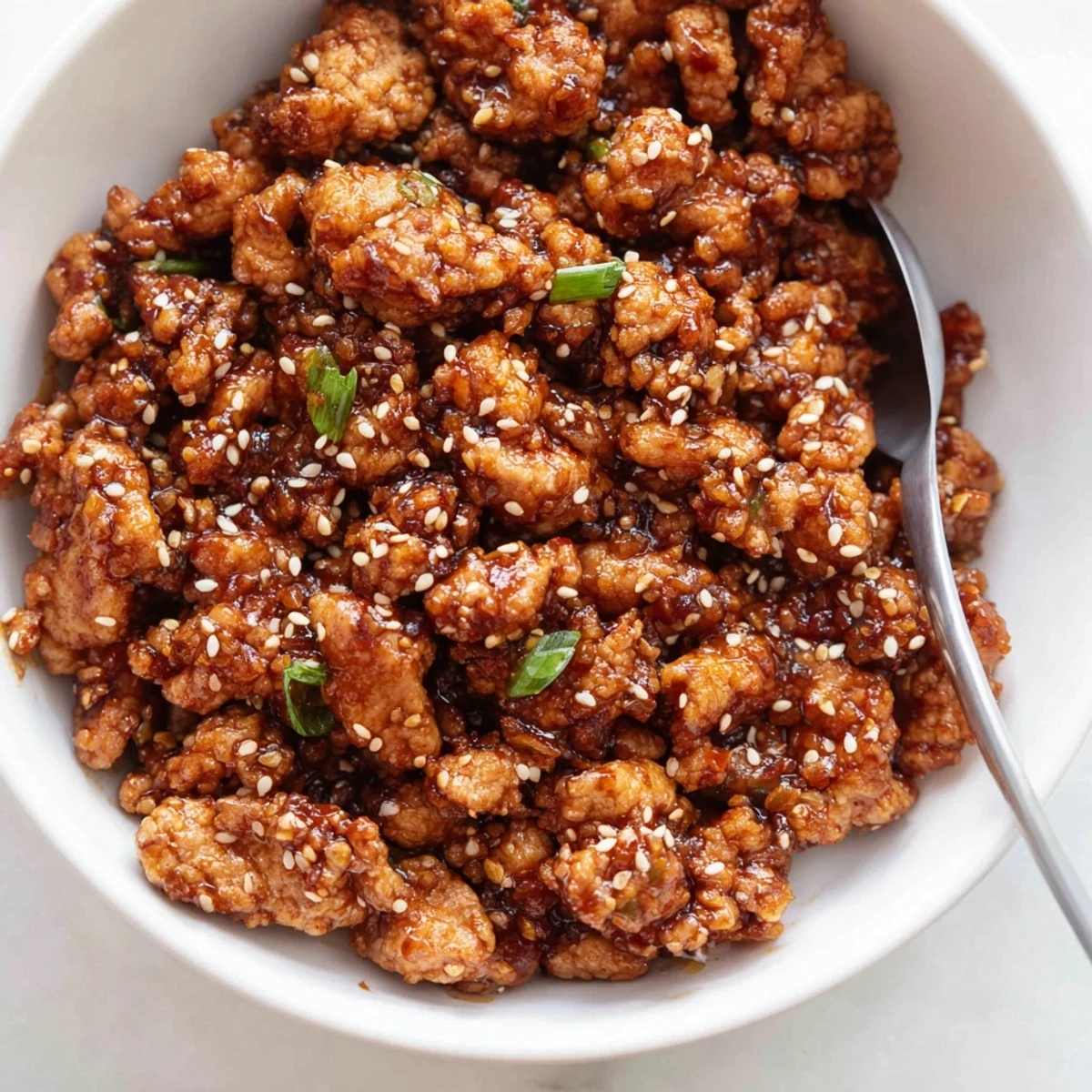 Homemade firecracker chicken bowl with browned meat, colorful sliced peppers, and crunchy sesame seed garnish