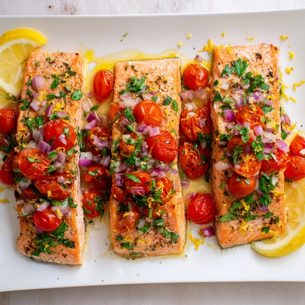 Pan-seared salmon fillets nestled in tangy tomato lemon sauce with fresh parsley garnish