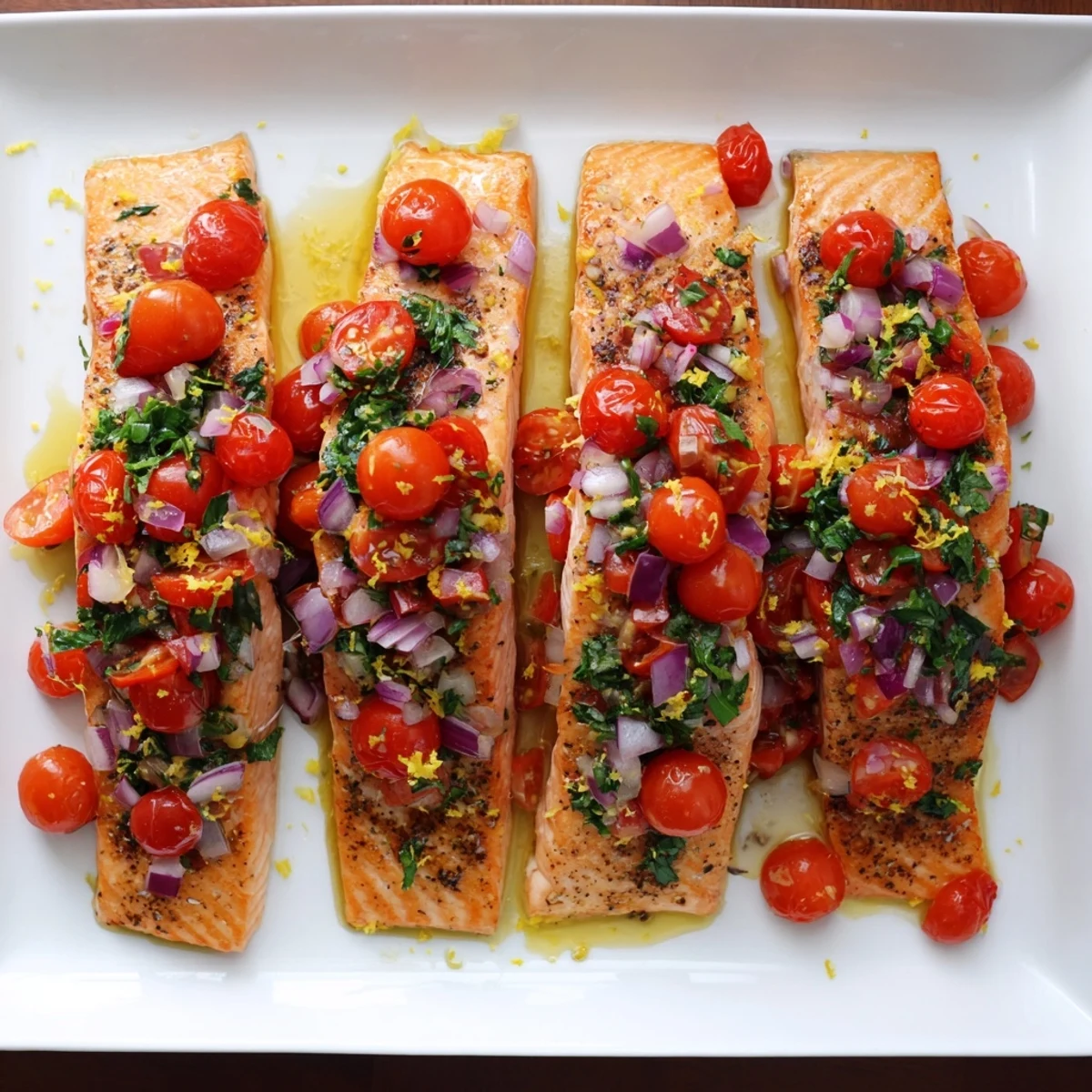 Flaky quick and easy salmon with tomato lemon sauce served over steaming white rice