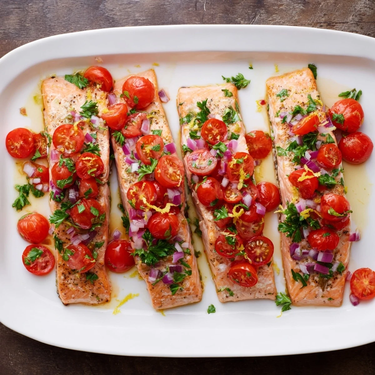 Golden brown salmon topped with vibrant cherry tomato lemon sauce and chopped herbs