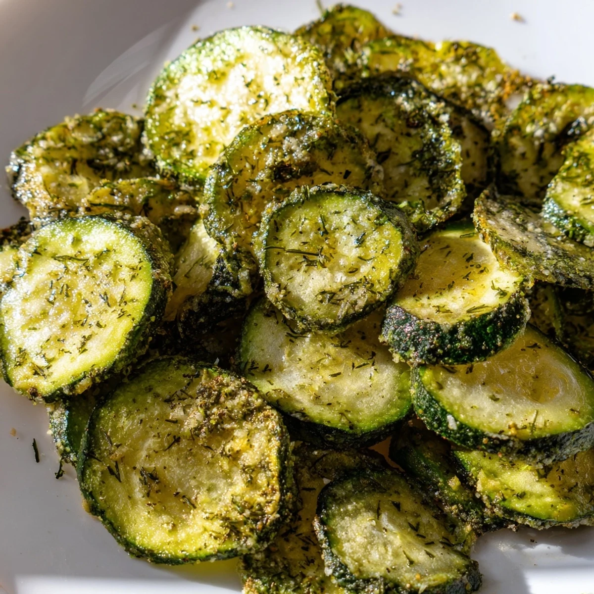 Close-up of thin cucumber slices seasoned with aromatic ranch spices before dehydrating into crunchy chips