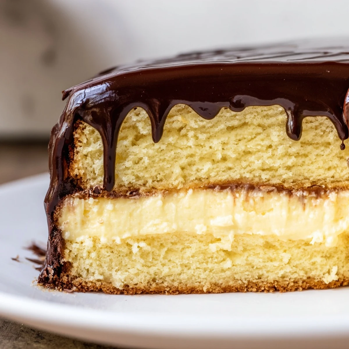 Classic Boston Cream Pie sliced revealing vanilla custard between golden sponge layers topped with glossy chocolate ganache