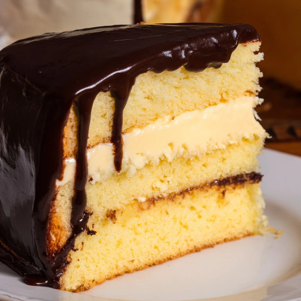 Homemade Boston Cream Pie with rich chocolate glaze dripping down the sides of fluffy yellow cake