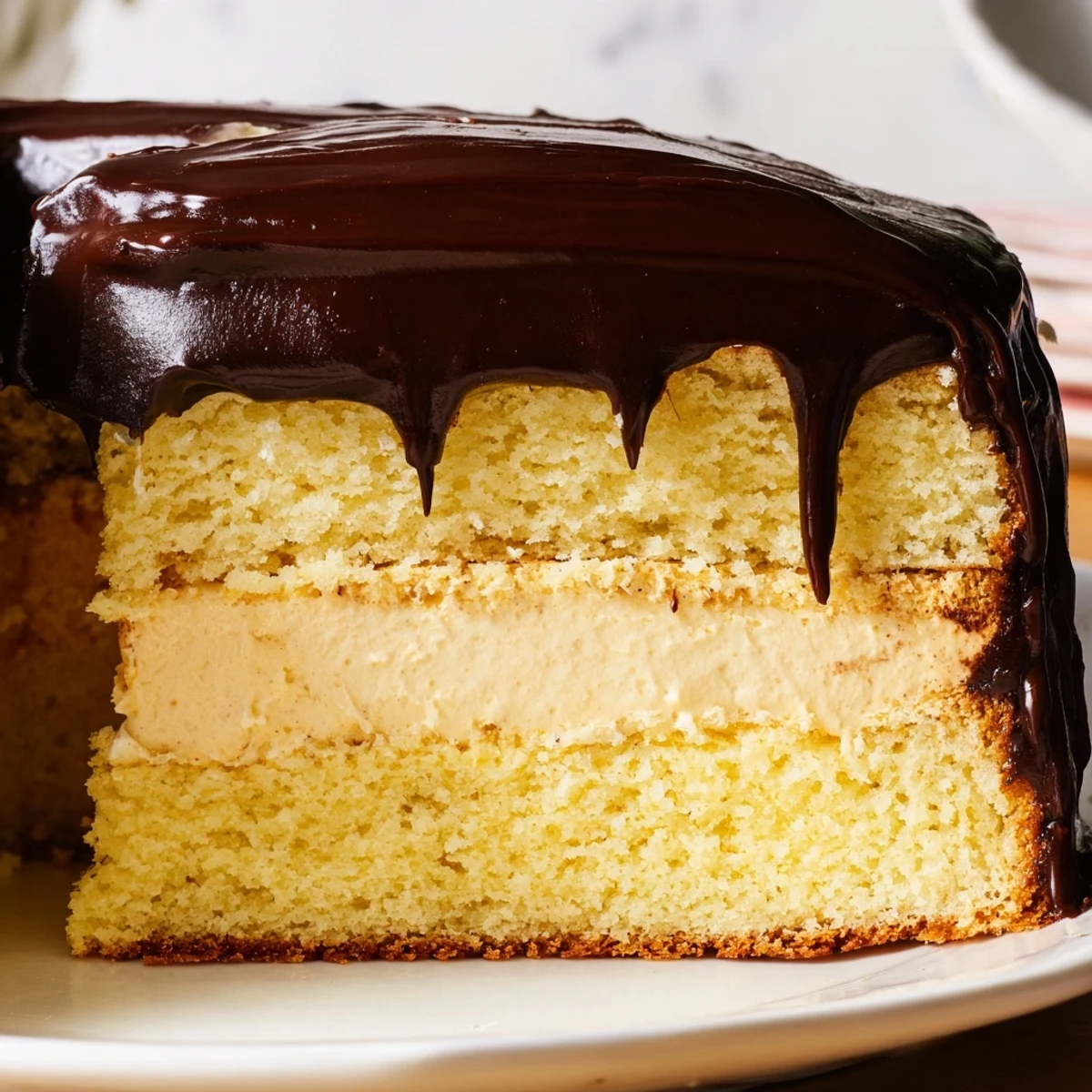 Two-layer Boston Cream Pie showcasing creamy vanilla pastry cream filling beneath a smooth dark chocolate topping