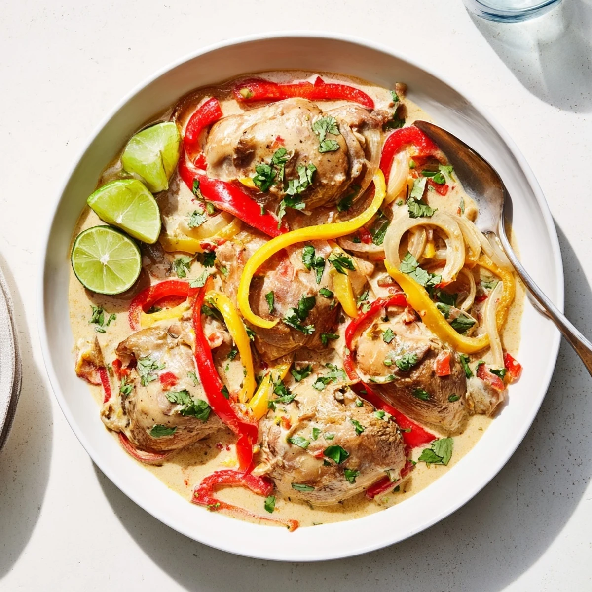 Golden spicy Brazilian coconut chicken swimming in rich creamy sauce with colorful bell peppers