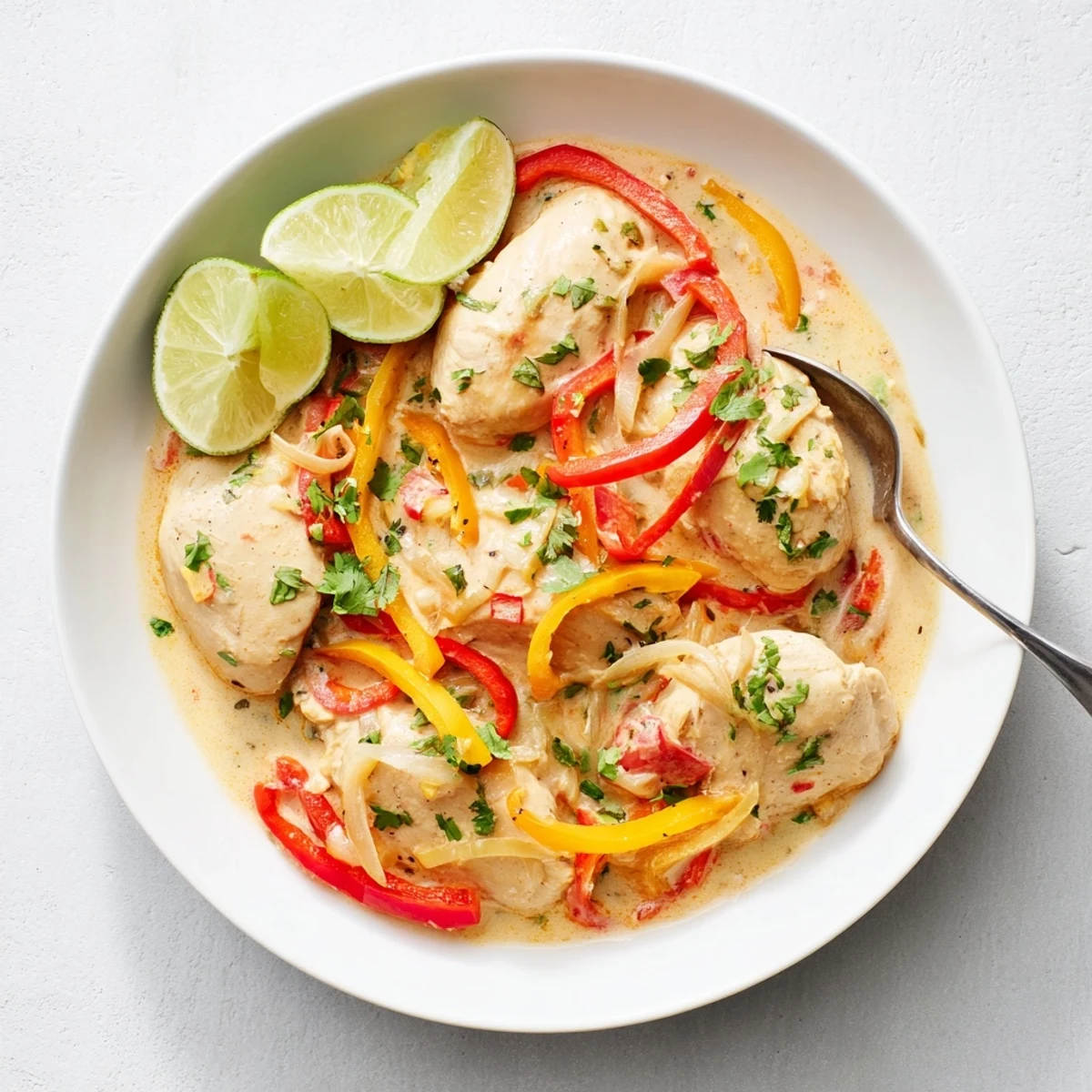 Tender chicken thighs simmered in aromatic coconut milk with diced tomatoes and fresh cilantro garnish