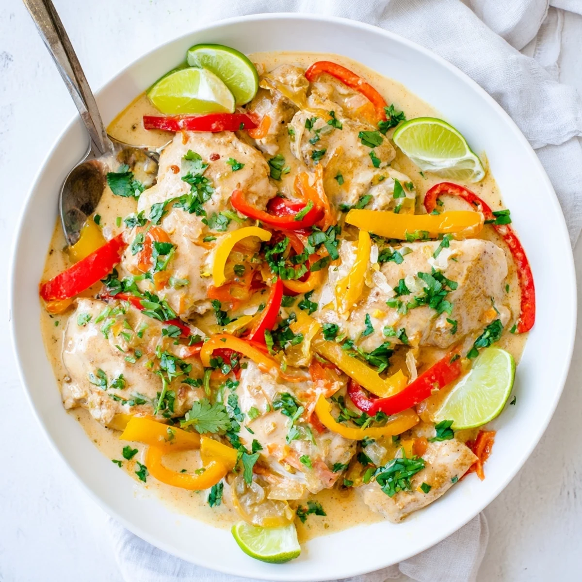 Creamy Brazilian chicken dish with red and yellow peppers served over white rice with lime
