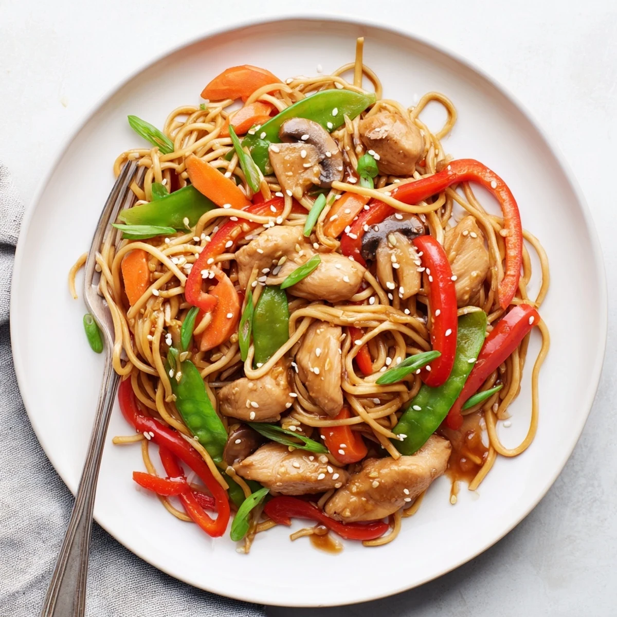 Homemade takeout style easy crockpot chicken lo mein served hot with snow peas, sliced vegetables, and toasted sesame seed topping.
