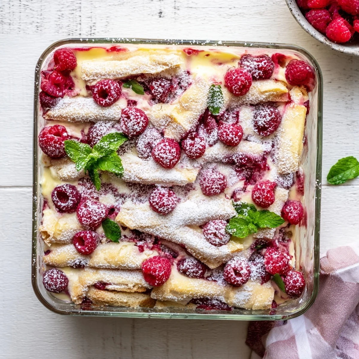 Glass trifle dish showcasing layered raspberry tiramisu with plump red berries and dusted powdered sugar topping