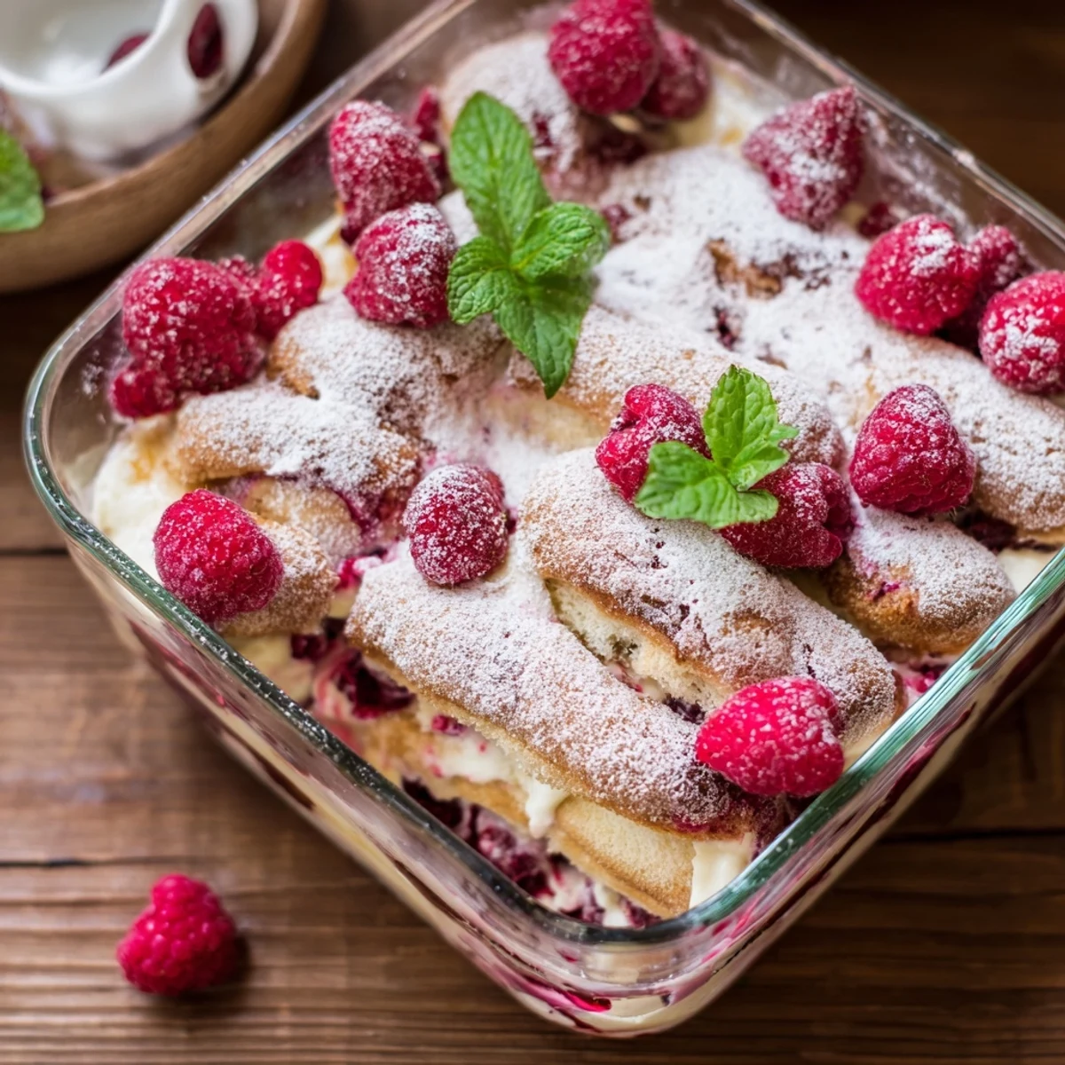 Sliced square of chilled raspberry tiramisu revealing cross-section of creamy mascarpone and bright berry layers